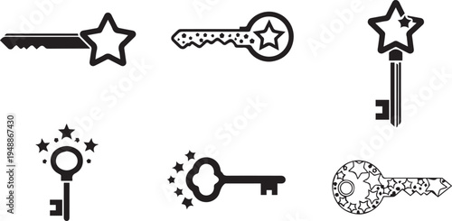 Star Key Icon Set – Black and White Background Vector Collection of 6 Fantasy Symbols