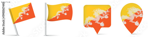 Collection of Bhutan flag icons featuring waving flag on pole, rectangular location marker and map pin shape. National symbol isolated on white background suitable for travel and geography design.