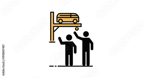 Two mechanics inspecting a car on a lift.