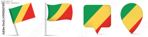Republic of the Congo flag icons set featuring waving flag on pole, rectangular location marker and map pin shape. National symbol isolated on white background for travel and geography design.