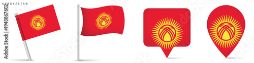 Kyrgyzstan flag icon collection including waving flag on pole, rectangular location marker and map pin symbol. National emblem isolated on white background for travel and geography graphics.