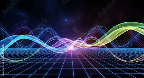 Abstract visualization of sound waves and data streams.