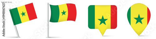 Set of Senegal flag icons featuring waving flag on pole, rectangular location marker and map pin icon. National symbol isolated on white background for travel and geography themes.