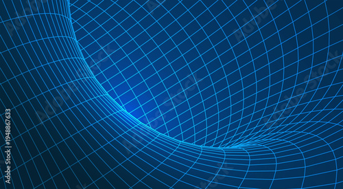 Futuristic AI neural network tunnel with 3D wireframe mesh and neon glowing geometric grid lines representing machine learning and digital mind, science vector illustration.