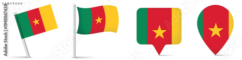 Cameroon flag icon collection including waving flag on pole, rectangular location marker and map pin shape. National symbol isolated on white background for travel and geography graphics.