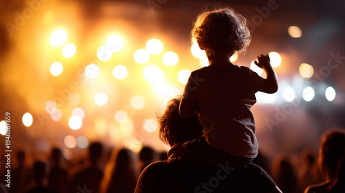 Family concert moment with child on shoulders in glowing festival crowd Back view of an adult and child enjoying a concert together in a glowing crowd, child lifted high and reachi