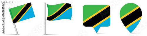 Collection of Tanzania flag icons including waving flag on pole, rectangular location marker and map pin shape. National symbol isolated on white background for travel and geography design.