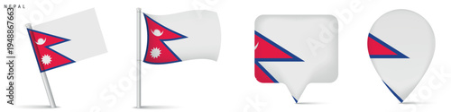 Nepal flag icon collection including waving flag on pole, rectangular location marker and map pin symbol. National emblem isolated on white background for travel and geography graphics.