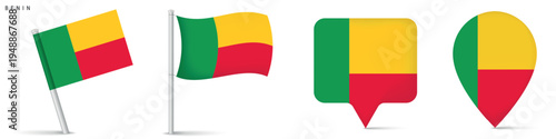 Collection of Benin flag icons featuring waving flag on pole, rectangular location marker and map pin shape. National symbol isolated on white background for travel and geography design.