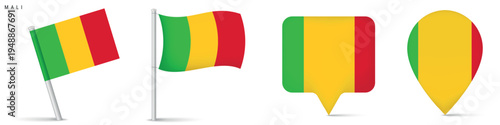 Mali flag icons set featuring waving flag on pole, rectangular location marker and map pin symbol. National emblem isolated on white background for travel and geography graphics.