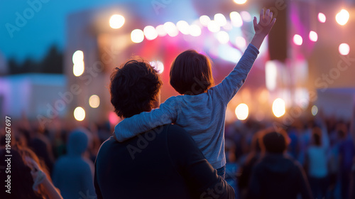 Parent and child watching live concert with raised hands in crowd Rear view of a parent and child standing together in a crowd at a live outdoor concert, child raising an arm in ex
