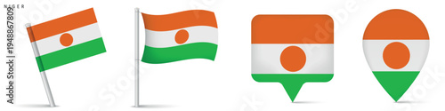 Niger flag icon collection including waving flag on pole, rectangular location marker and map pin symbol. National emblem isolated on white background for travel and geography graphics.