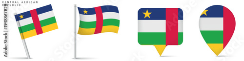 Central African Republic flag icons set including waving flag on pole, rectangular location marker and map pin icon. National symbol isolated on white background for travel and geography design.