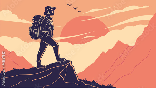 Silhouette of adventurous traveler standing on mountain peak at sunset with backpack and hat looking out at breathtaking landscape