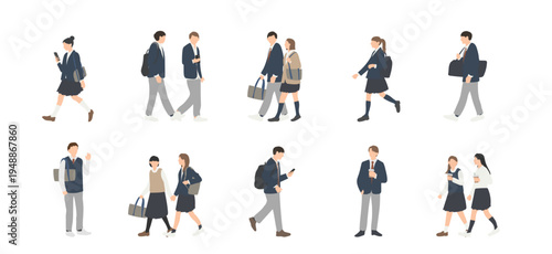 制服の高校生 男女　通学する学生の人物イラストセット