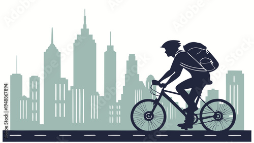 Professional cyclist commuting to work on a bicycle in the city with a backpack on a sunny day