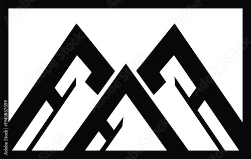 Mountain peak logo with geometric alpine shapes inside rectangular frame vector illustration for outdoor adventure, hiking and exploration branding