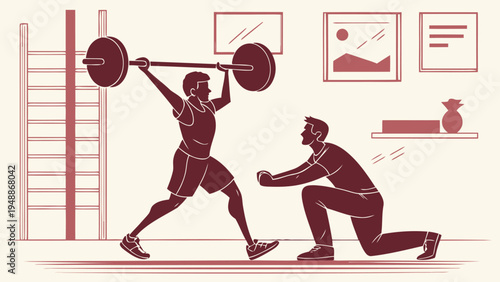 Personal trainer helping a client with weightlifting technique in a gym