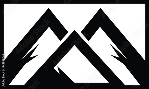 Mountain adventure logo with stylized peaks inside rectangular frame vector illustration for outdoor brand, hiking and exploration identity