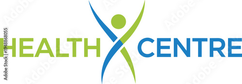 Health centre typography logo with abstract human figure and leaf shape vector illustration for medical clinic, wellness and healthcare branding