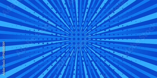 Blue comic sunburst effect background with halftone. Pop art comic-style vector background. Suitable for templates, sale banners, events, ads, web and pages