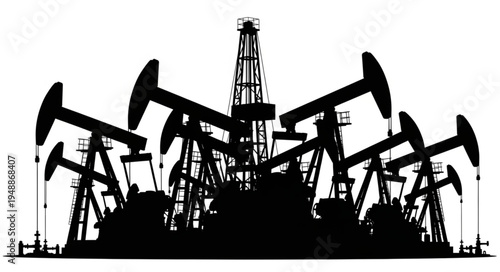 Silhouette of Oil Pumps and Drilling Rig - Extracting Resources.