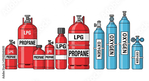 Various Gas Cylinders - Propane, LPG, and Oxygen Tanks.