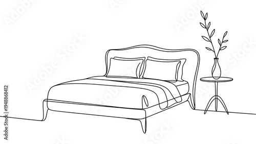 minimalist continuous line drawing of cozy bedroom interior with bed pillows bedside table and plant modern home furniture outline illustration