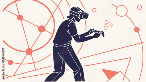 Gamer in vr headset plays immersive game with futuristic interface and neon lines in background