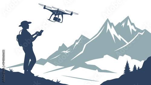 Silhouette of a photographer controlling a drone with a remote capturing stunning mountain landscape scenery