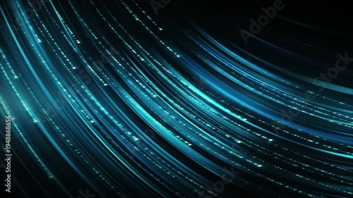 Data stream flowing through glowing blue fiber optic wires
