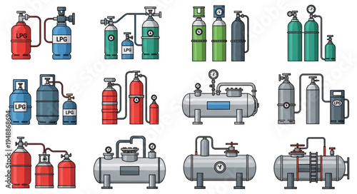 Collection of Various Gas Cylinders and Tanks for Industrial Use.