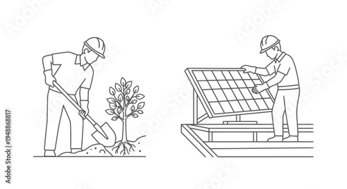 Sustainability Concept Illustrations: Worker Planting a Tree and Engineer Installing Solar Panels - Green Energy and Environmental Conservation Line Art Icons