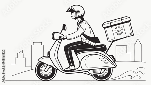 Delivery rider on scooter with insulated food box in urban cityscape silhouette