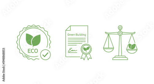 Green Building Certification and Environmental Law Icon Set: Eco-Friendly Compliance, Sustainable Development Policy, and Ecology Justice Scale Symbols
