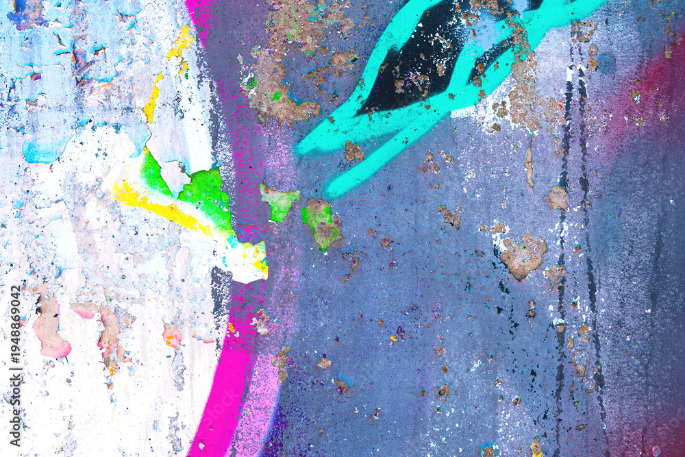 Fototapeta premium Grunge texture with peeling paint, vibrant blue, pink, green hues. Urban street art inspiration, 90s, Y2K style, fluorescent acid colors. Background, pattern, texture, digital art, creative banner