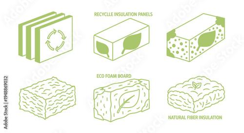 Eco-Friendly Construction Insulation Materials Icon Set: Recycled Panels, Foam Board, and Natural Fiber Thermal Insulation for Sustainable Green Building