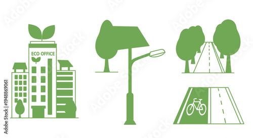 Green City Infrastructure Icons Set with Eco Office, Solar Street Lamp, Tree Lined Road, and Bicycle Lane for Sustainable Urban Planning and Environmental Concepts