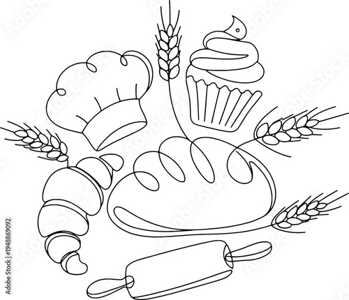 Baking elements vector illustration with rolling pin and wheat