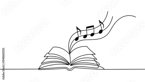 minimal music notes from open book continuous line art learning music concept creativity education symbol minimalist illustration