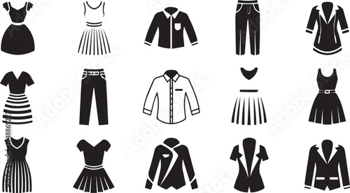 Clothing Icon Grid – Black and White Background Vector Set of 16 Garment Symbols for Fashion and Wardrobe