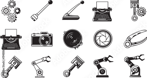 Mechanical & Technology Icon Grid – Black and White Background Vector Set of 15 Symbols for Engineering and Automation