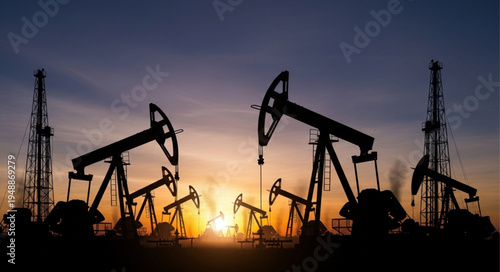 Silhouette of oil pumps at sunset, symbolizing energy production and resource extraction.