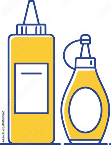 Minimal line style mustard and sauce squeeze bottles vector illustration isolated condiment containers for kitchen restaurant food packaging design
