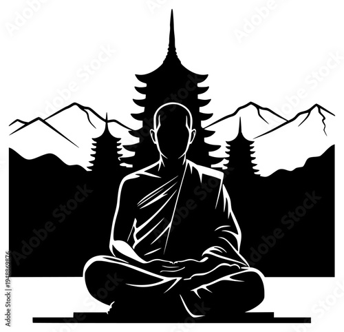 with mountains and pagodas in the background, black, buddha, floor, illustration, man, meditation, monk, mountain, mountain landscape, person, profile, robe, sit, white, against transparent background