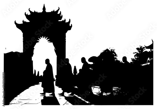 monks walking in front of an archway at sunset, silhouetted against a , archway, building, doorway, monk, person, pillar, profile, robe, stand, sun, temple, walk, woman, against transparent background