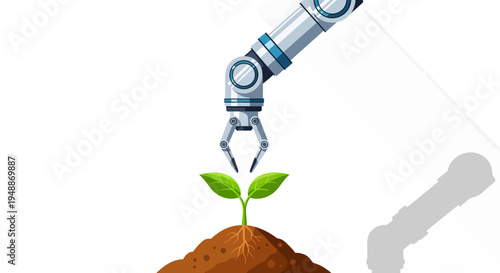 Robotic arm supporting a young green seedling emerging from brown soil, depicting agricultural innovation and growth on an isolated white background.