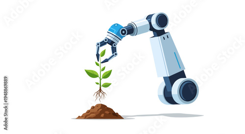 Robotic arm holding a vibrant green seedling with visible roots in a mound of brown soil, illustrating plant growth and automated agriculture on an isolated white background.