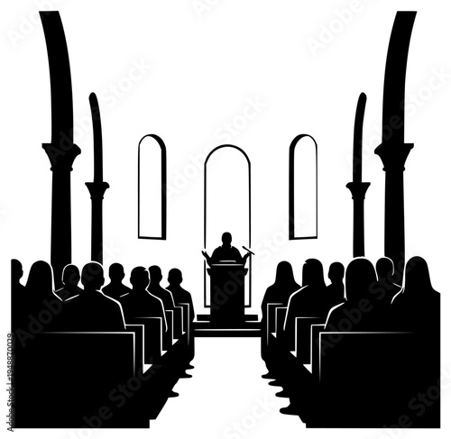 ving a speech at a podium in front of a large audience, altar, black, chapel, church, church bench, illustration, man, person, pillar, preacher, profile, religious, sit, against transparent background