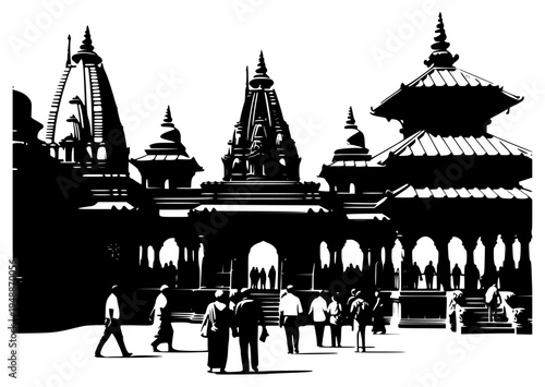 and white silhouette of a temple with people walking around, black, building, city, illustration, landmark, palace, person, profile, stand, temple, tower, walk, worship, against transparent background